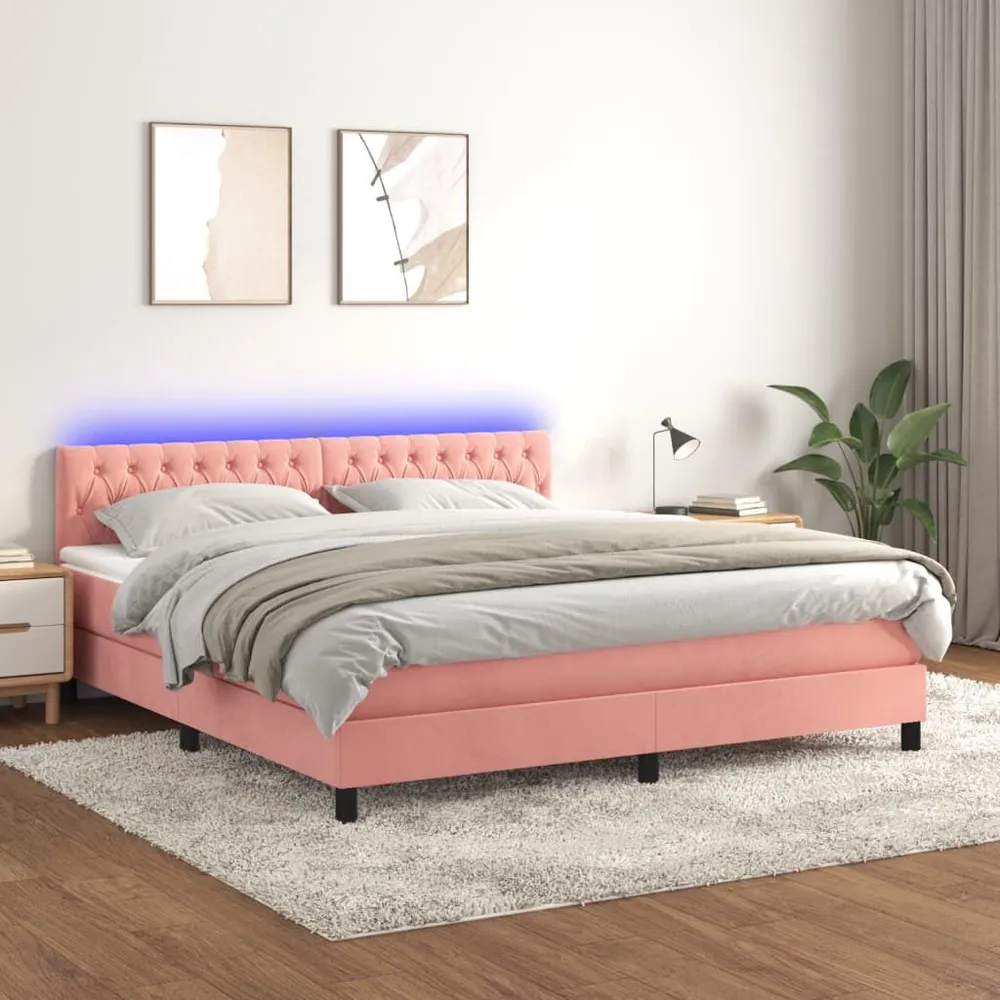 Cama box spring com colchão/LED 180x200 cm veludo rosa