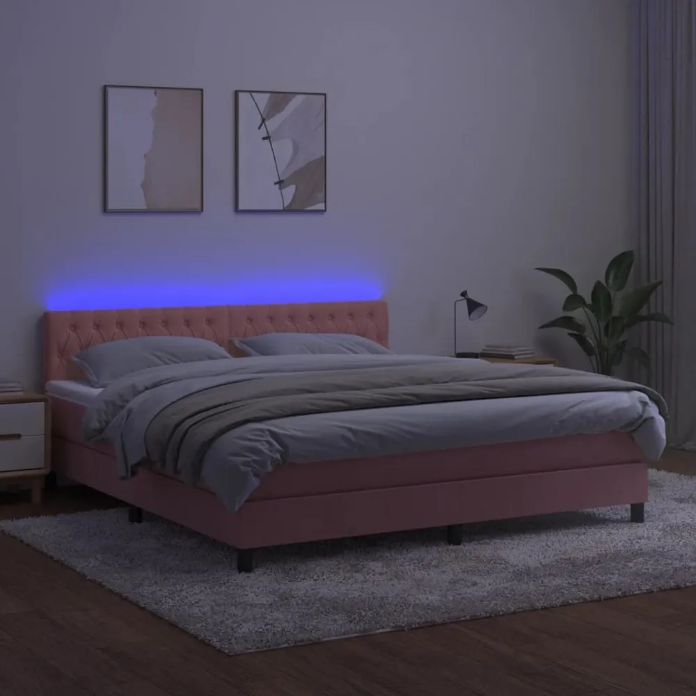Cama box spring com colchão/LED 180x200 cm veludo rosa