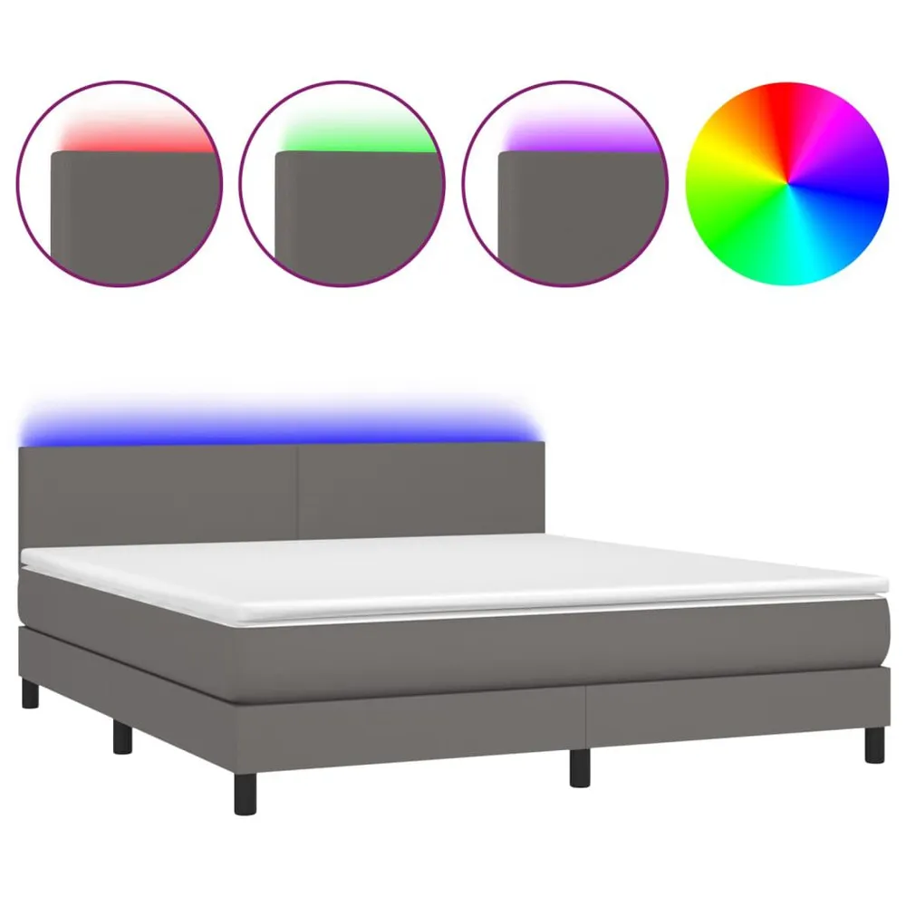 Cama box spring com colchão/LED 180x200cm couro artificial cinza