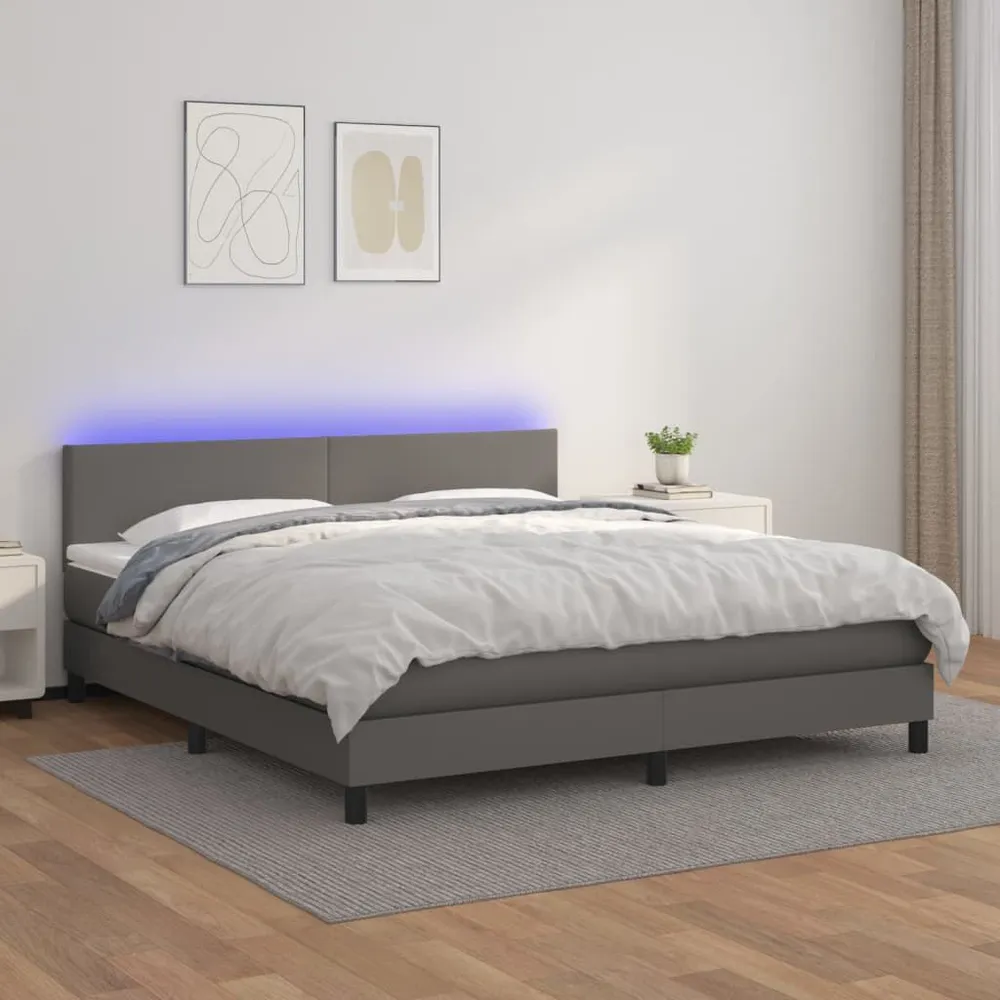 Cama box spring com colchão/LED 180x200cm couro artificial cinza