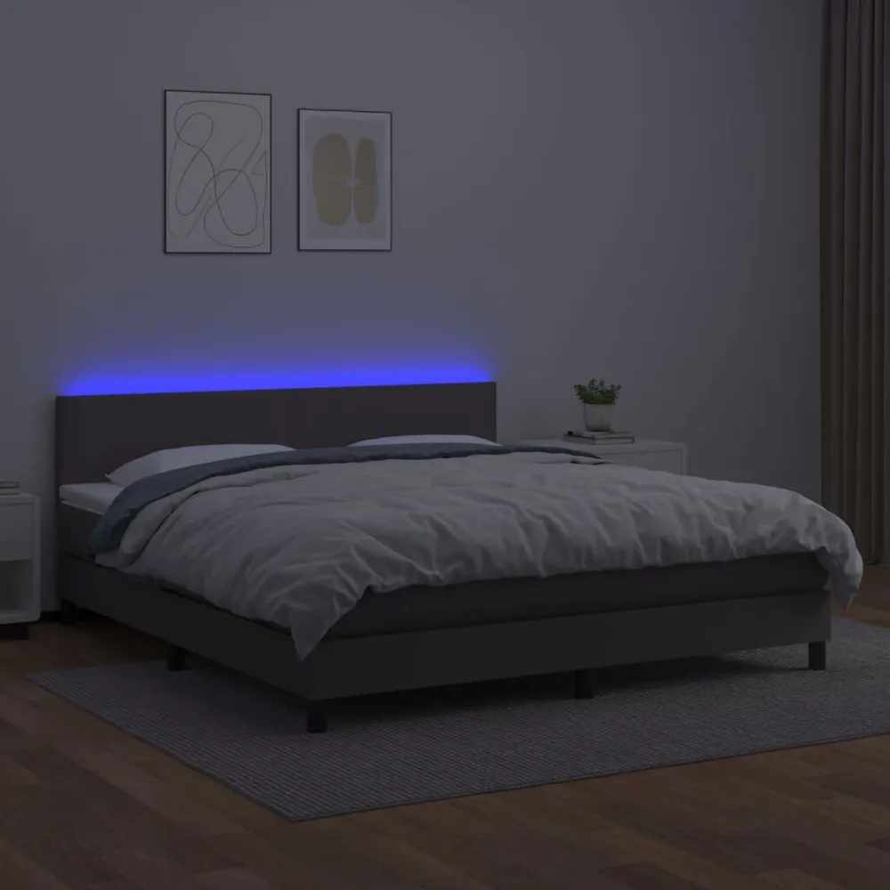 Cama box spring com colchão/LED 180x200cm couro artificial cinza