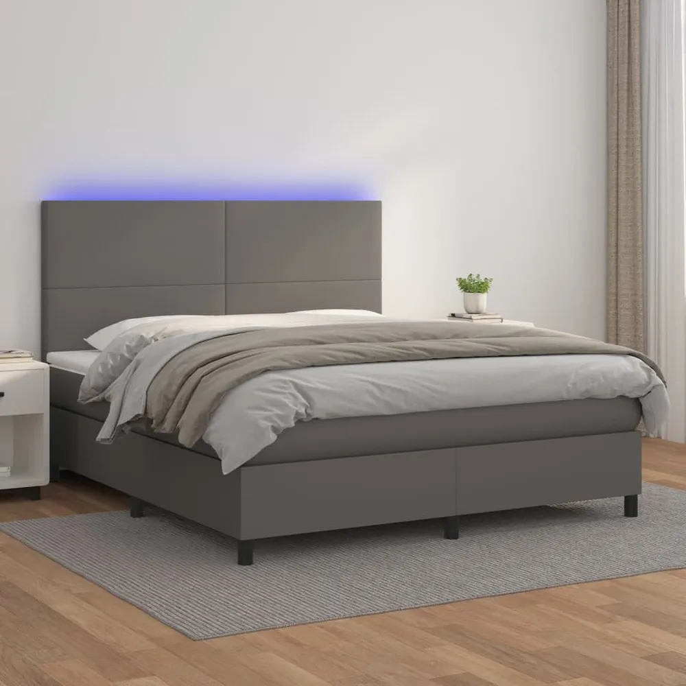 Cama box spring com colchão/LED 180x200cm couro artificial cinza