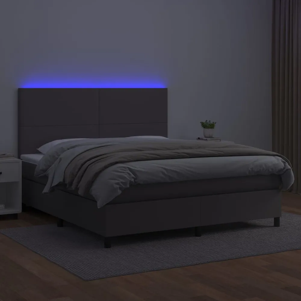 Cama box spring com colchão/LED 180x200cm couro artificial cinza