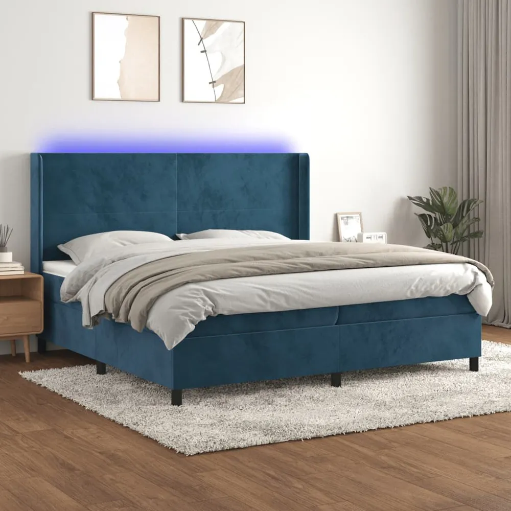 Cama box spring com colchão/LED 200x200 cm veludo azul-escuro