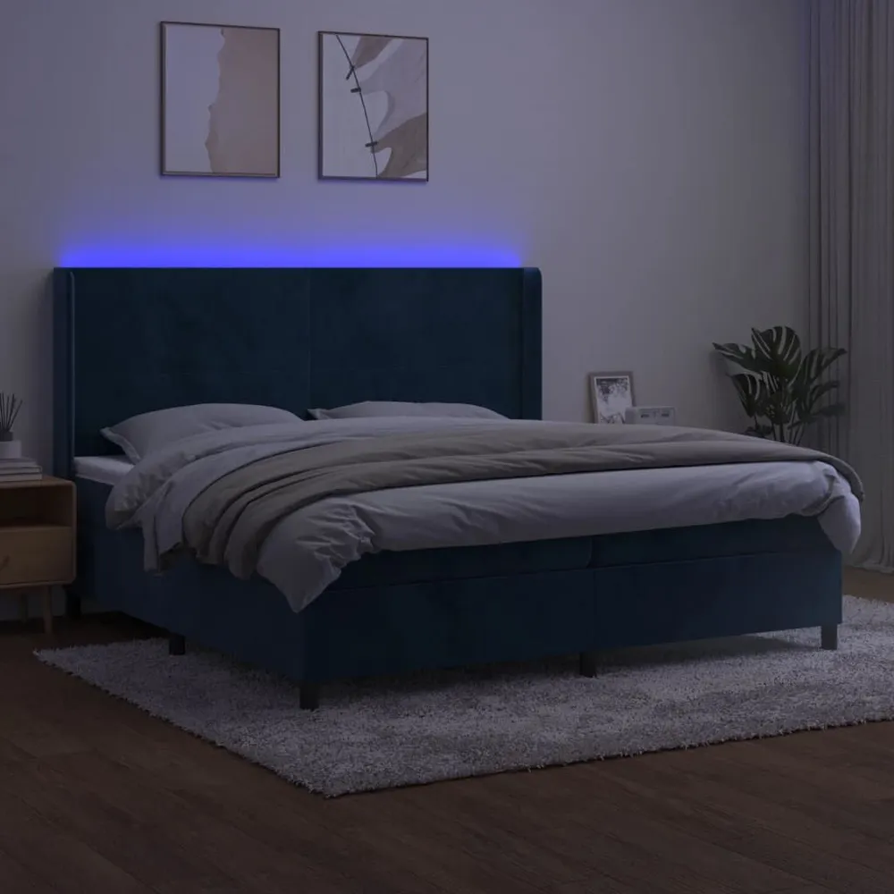 Cama box spring com colchão/LED 200x200 cm veludo azul-escuro