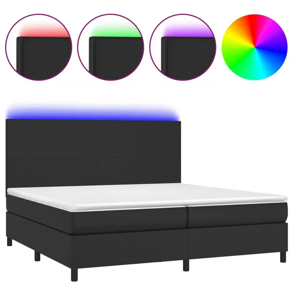 Cama box spring com colchão/LED 200x200cm couro artificial preto