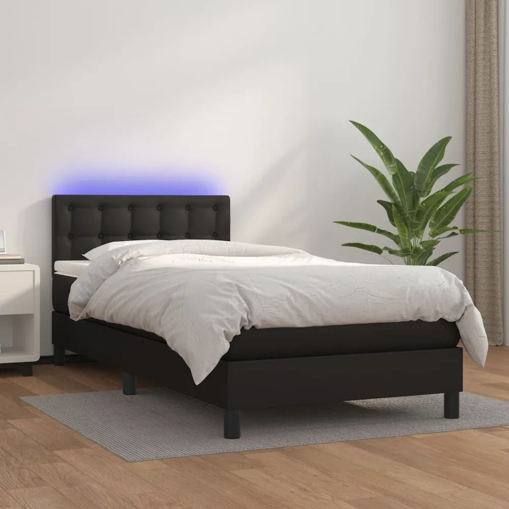 Cama box spring com colchão/LED 80x200 cm couro artificial preto