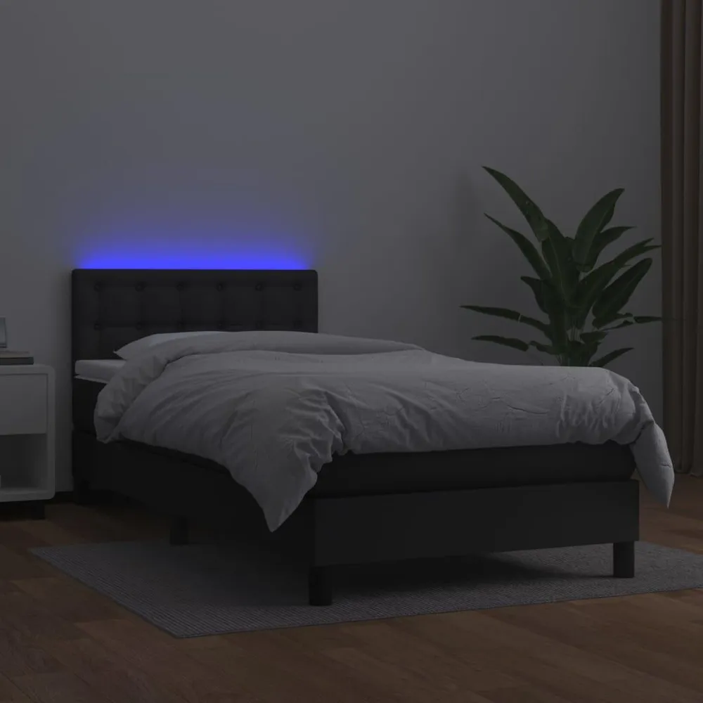 Cama box spring com colchão/LED 80x200 cm couro artificial preto