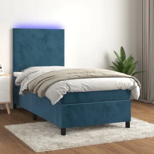 Cama box spring com colchão/LED 80x200 cm veludo azul-escuro