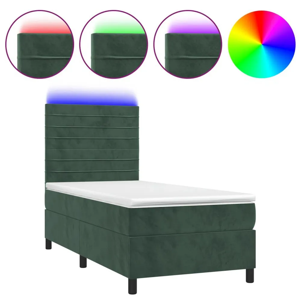Cama box spring com colchão/LED 80x200 cm veludo verde-escuro