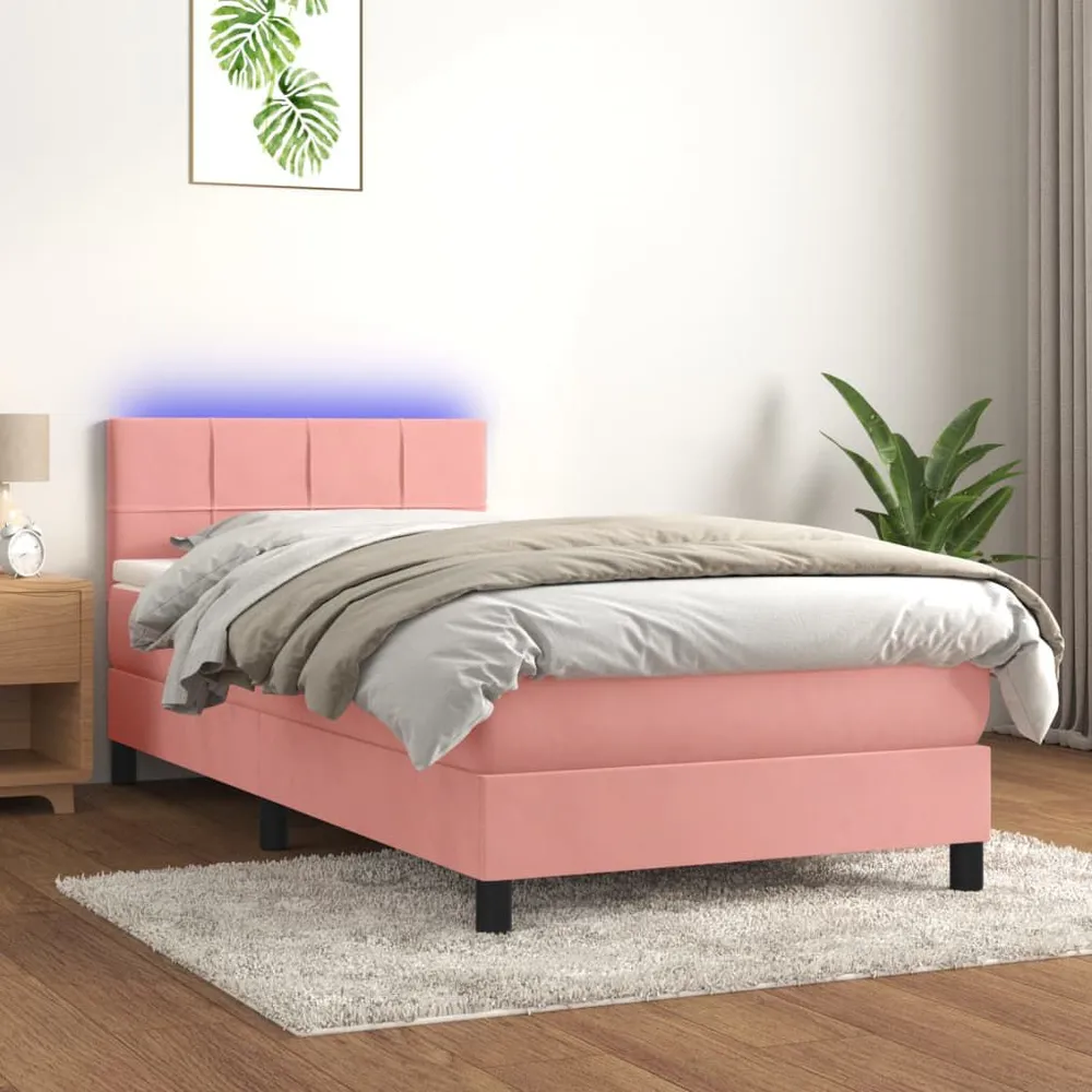 Cama box spring com colchão/LED 80x200 cm veludo rosa