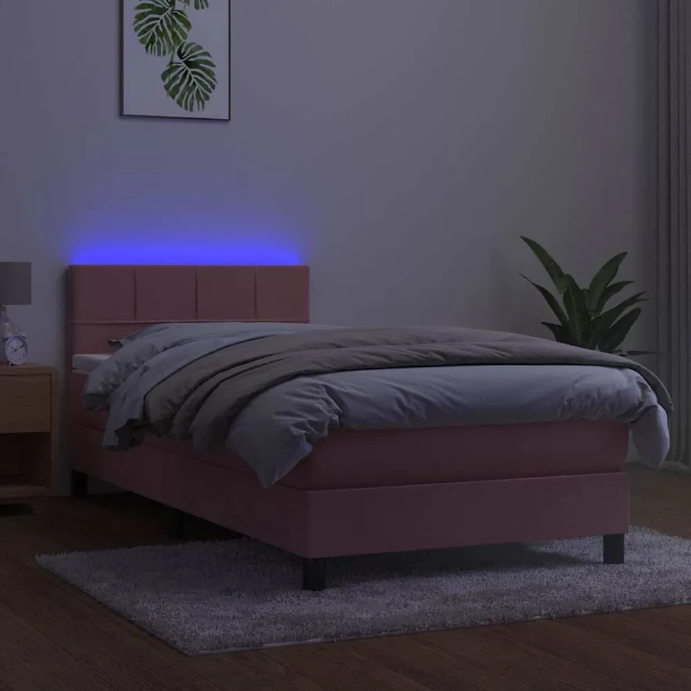 Cama box spring com colchão/LED 80x200 cm veludo rosa