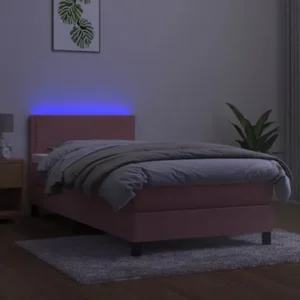 Cama box spring com colchão/LED 80x200 cm veludo rosa