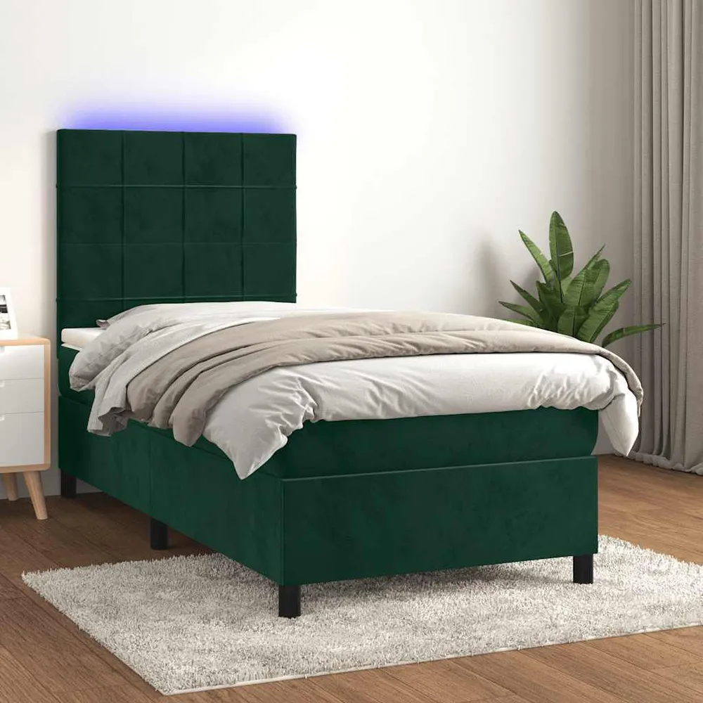 Cama box spring com colchão/LED 80x200 cm veludo verde-escuro