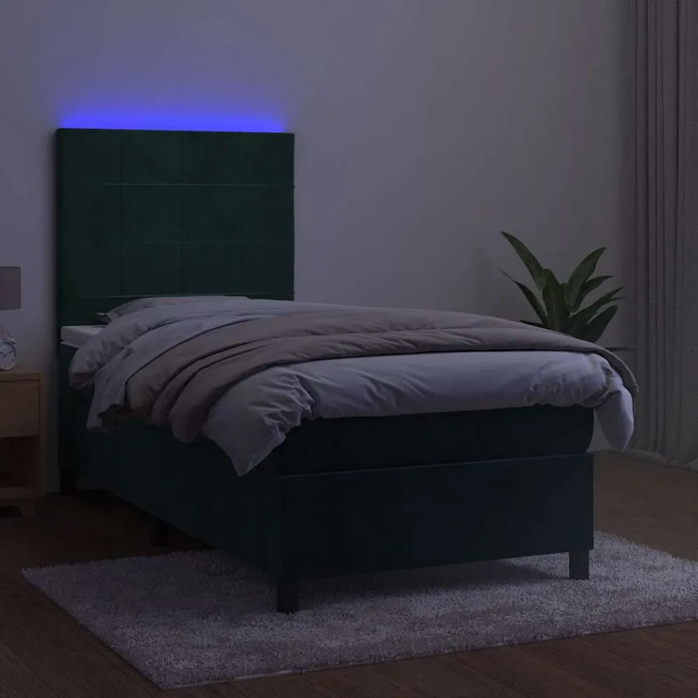 Cama box spring com colchão/LED 80x200 cm veludo verde-escuro