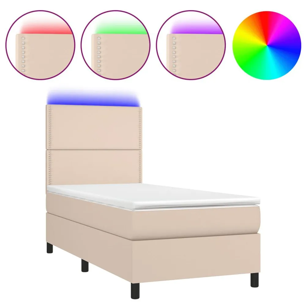 Cama box spring com colchão/LED 80x200cm couro artif. cappuccino