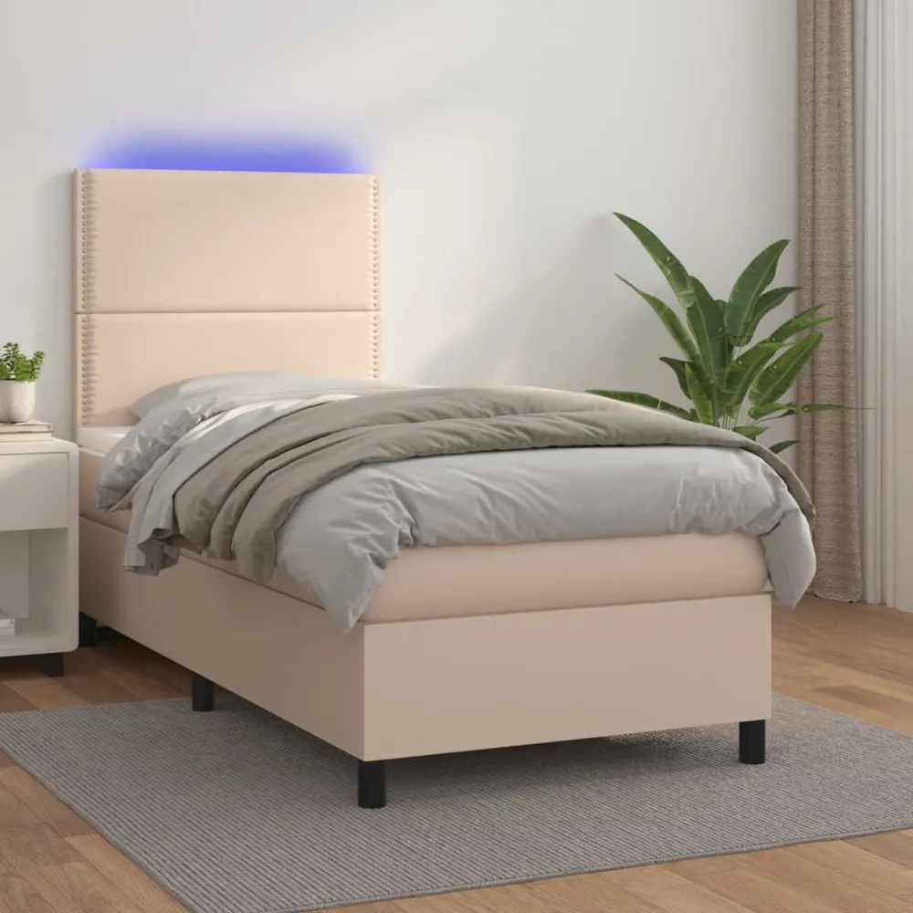Cama box spring com colchão/LED 80x200cm couro artif. cappuccino