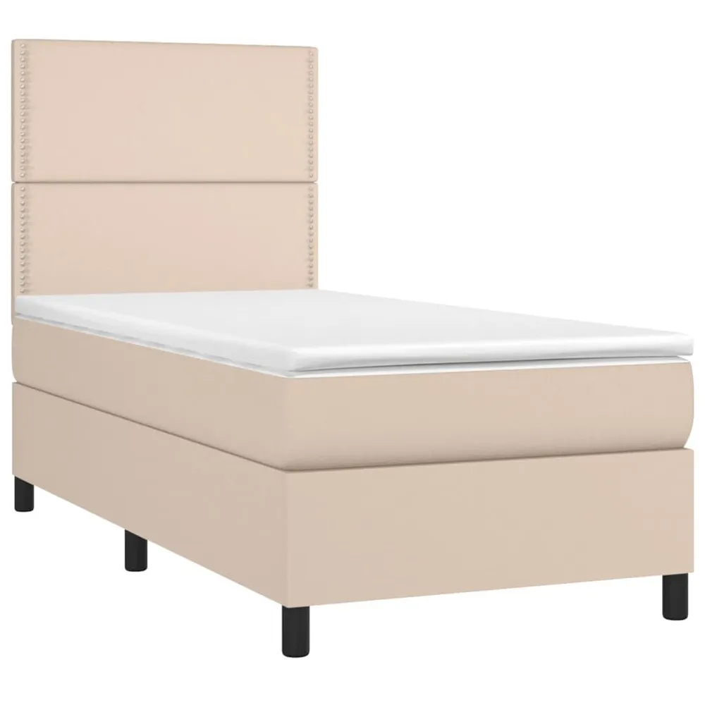 Cama box spring com colchão/LED 80x200cm couro artif. cappuccino