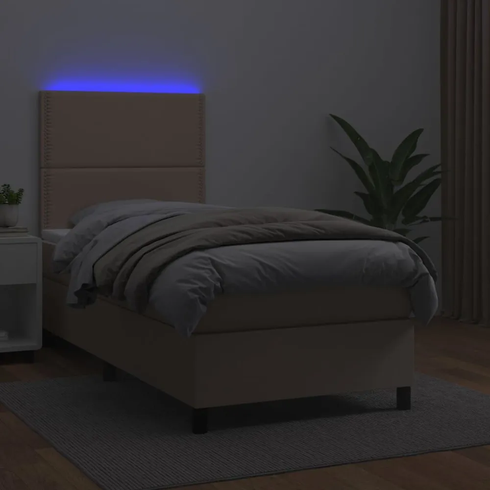Cama box spring com colchão/LED 80x200cm couro artif. cappuccino