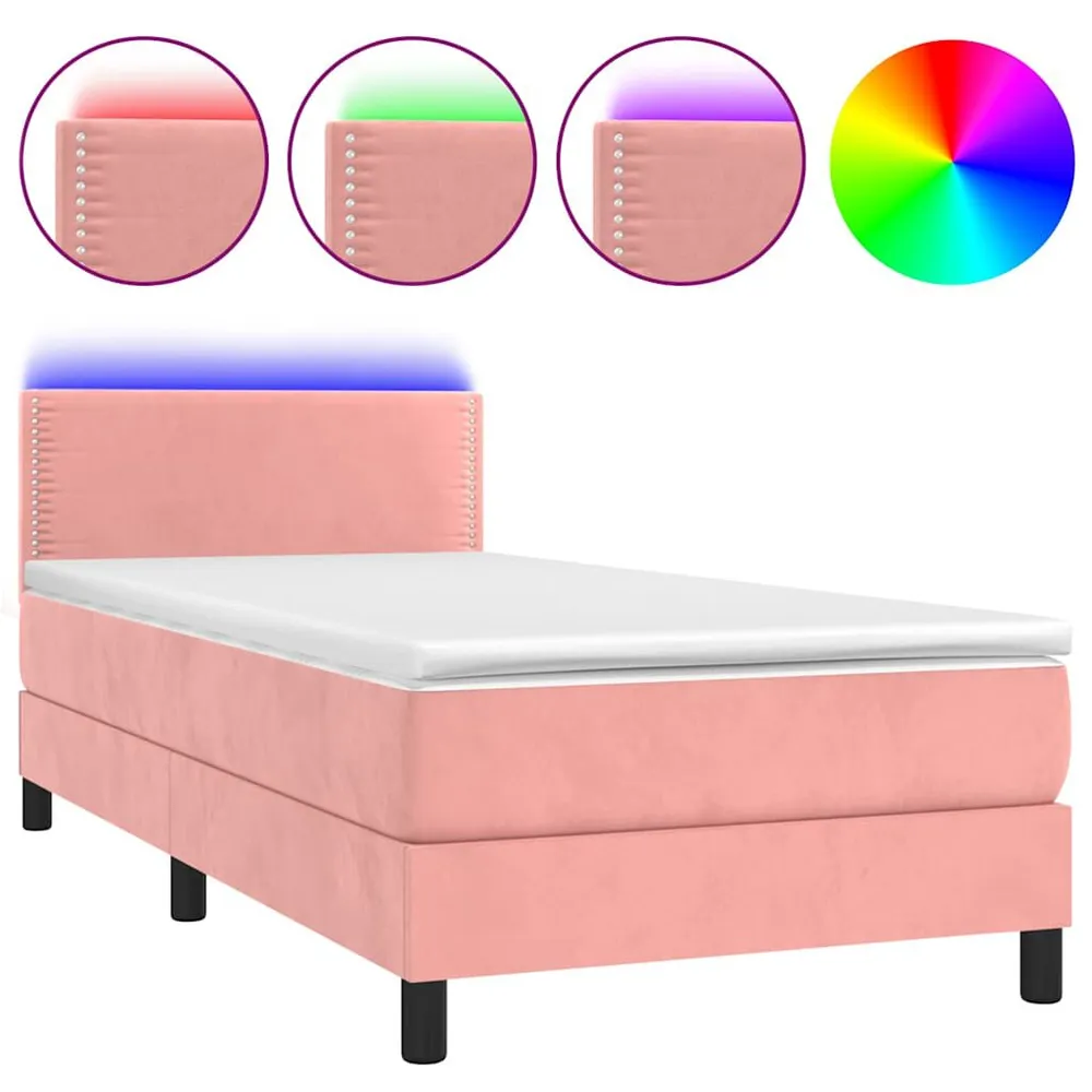 Cama box spring com colchão/LED 90x190 cm veludo rosa
