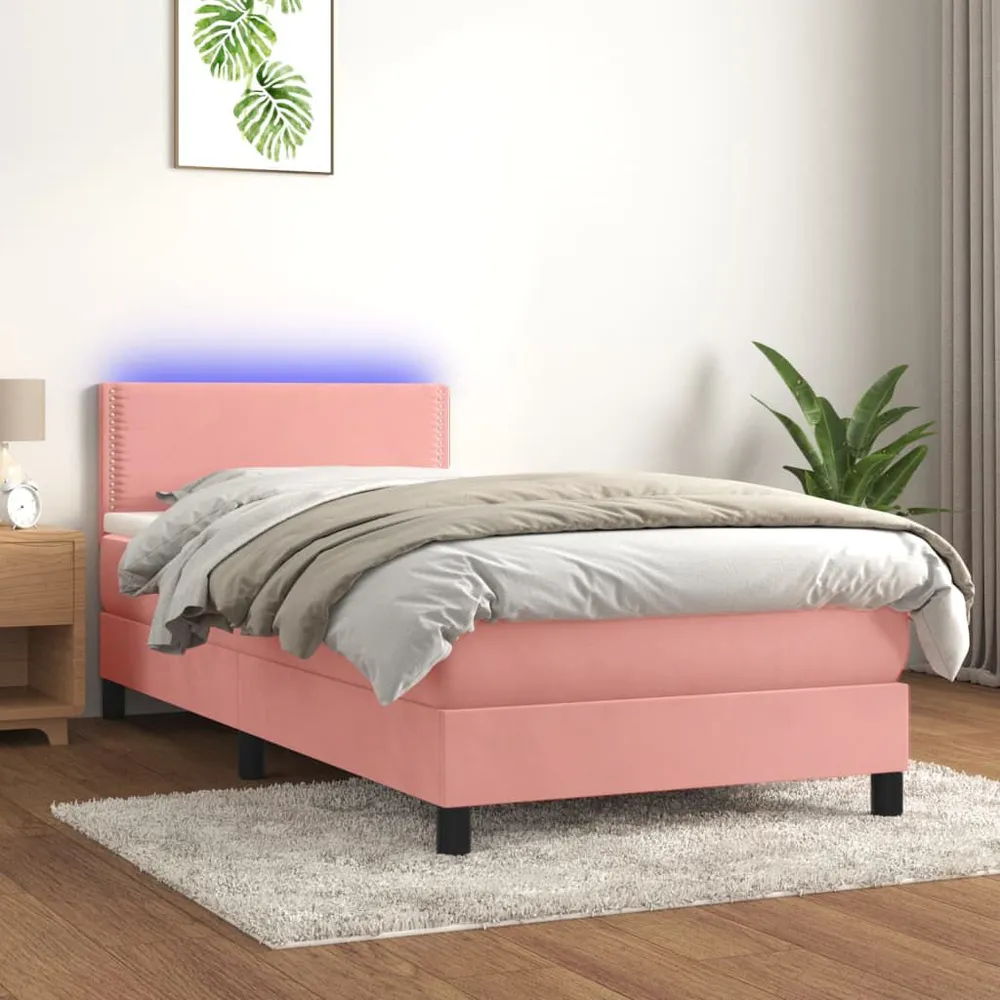 Cama box spring com colchão/LED 90x190 cm veludo rosa