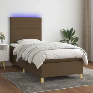 Cama box spring com colchão/LED 90x190 cm tecido castanho-escuro