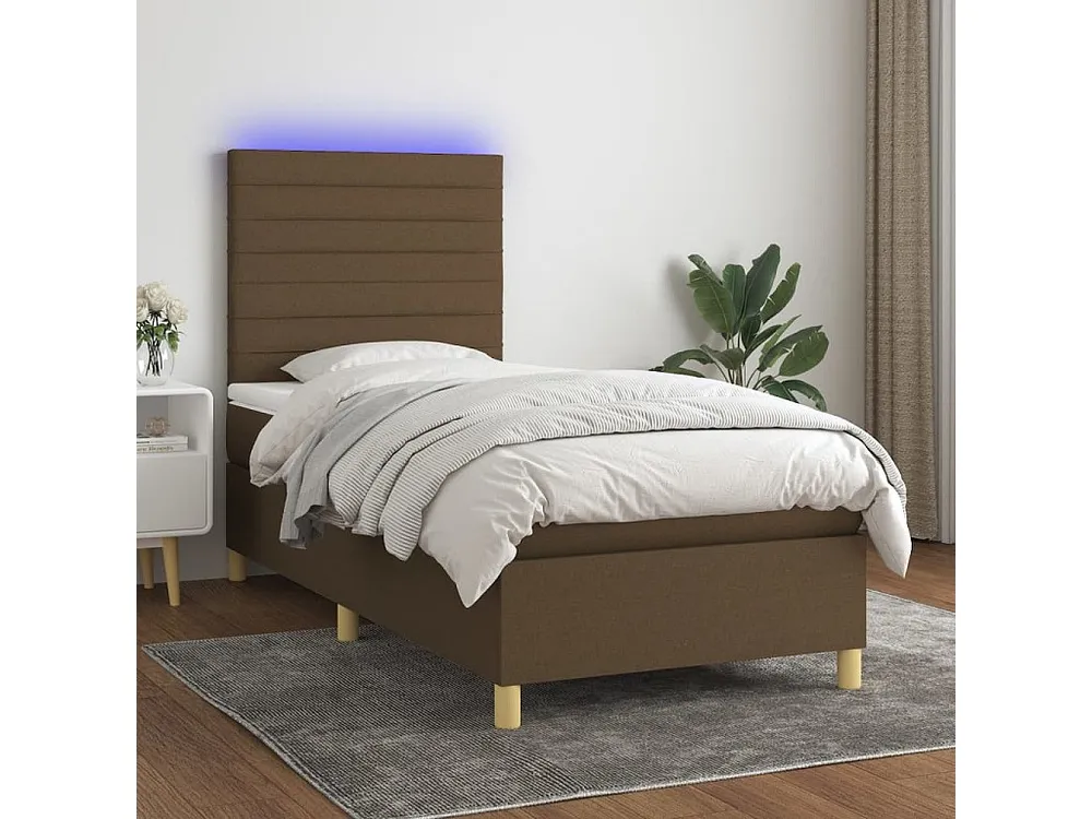 Cama box spring com colchão/LED 90x190 cm tecido castanho-escuro