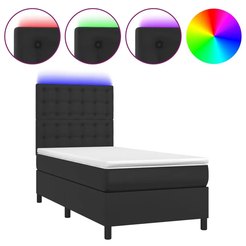 Cama box spring com colchão/LED 90x190 cm couro artificial preto