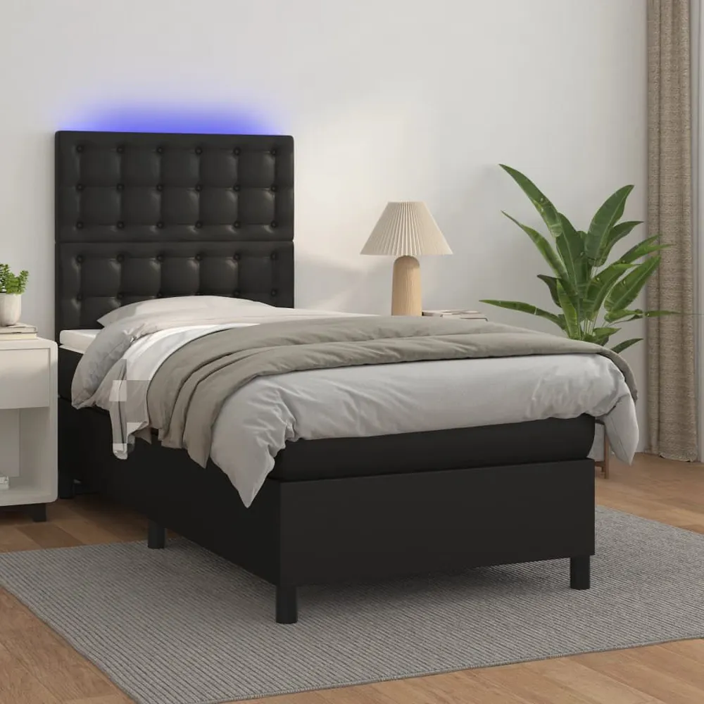 Cama box spring com colchão/LED 90x190 cm couro artificial preto