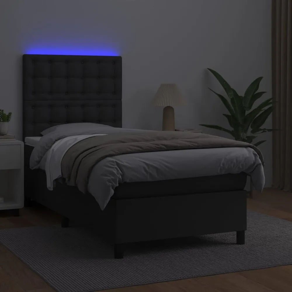 Cama box spring com colchão/LED 90x190 cm couro artificial preto