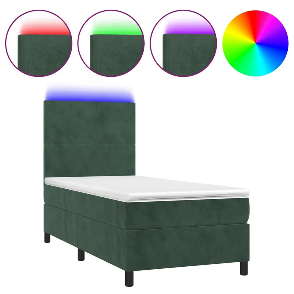 Cama box spring com colchão/LED 90x190 cm veludo verde-escuro