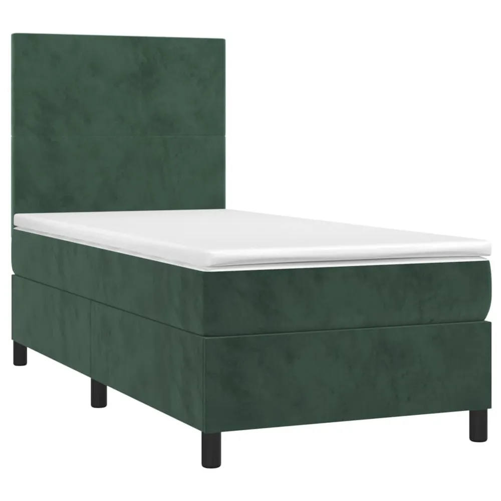 Cama box spring com colchão/LED 90x190 cm veludo verde-escuro