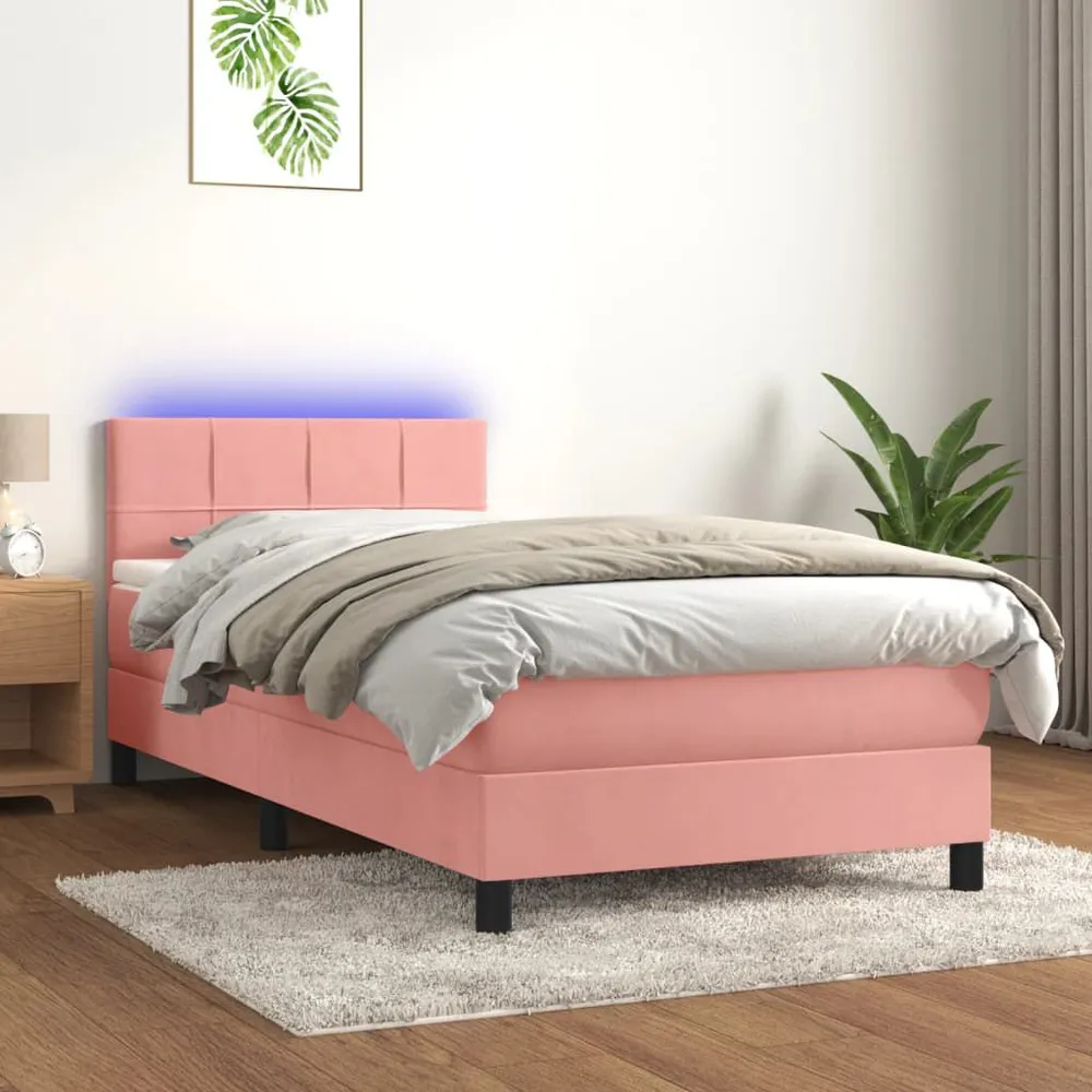 Cama box spring com colchão/LED 90x190 cm veludo rosa