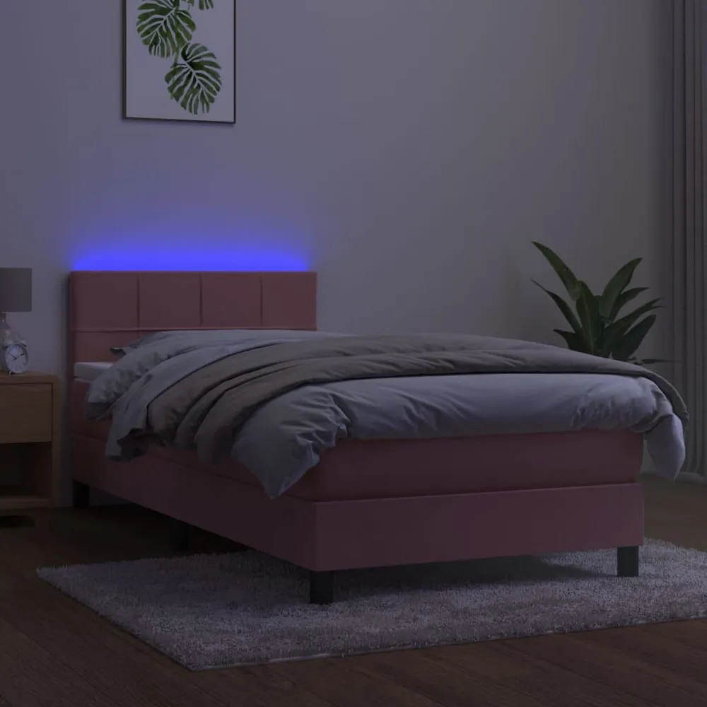 Cama box spring com colchão/LED 90x190 cm veludo rosa