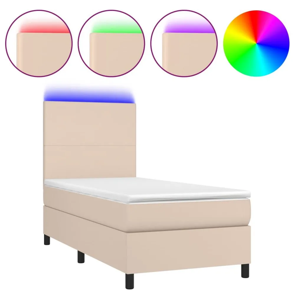 Cama box spring com colchão/LED 90x190cm couro artif. cappuccino