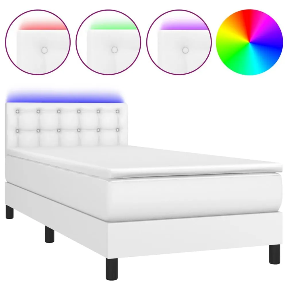 Cama box spring com colchão/LED 90x190cm couro artificial branco