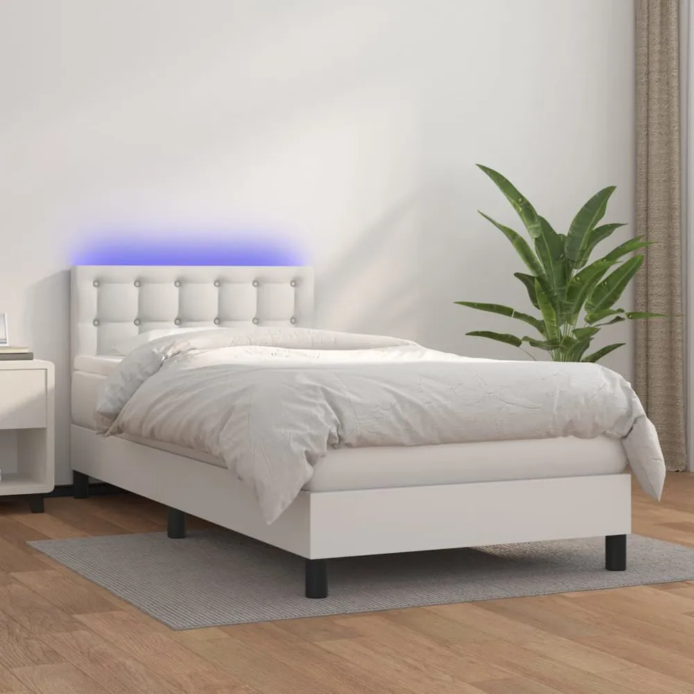 Cama box spring com colchão/LED 90x190cm couro artificial branco