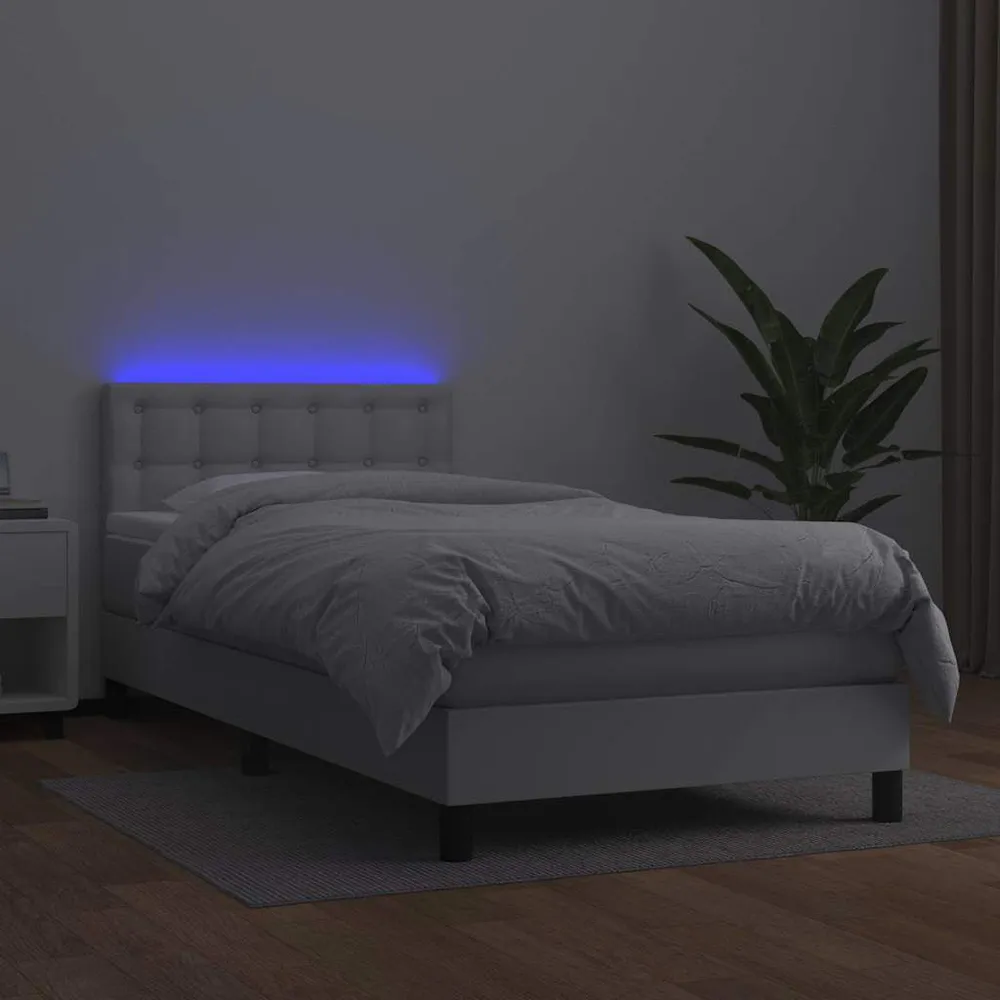 Cama box spring com colchão/LED 90x190cm couro artificial branco