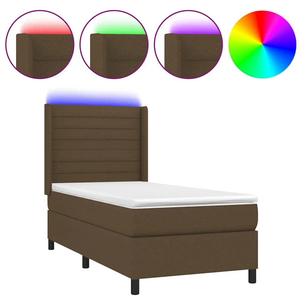 Cama box spring com colchão/LED 90x200 cm tecido castanho-escuro
