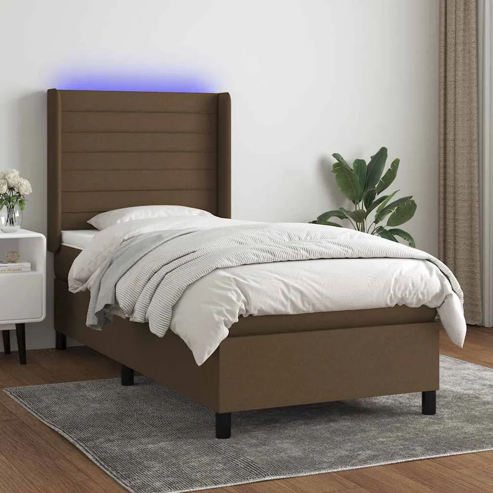 Cama box spring com colchão/LED 90x200 cm tecido castanho-escuro