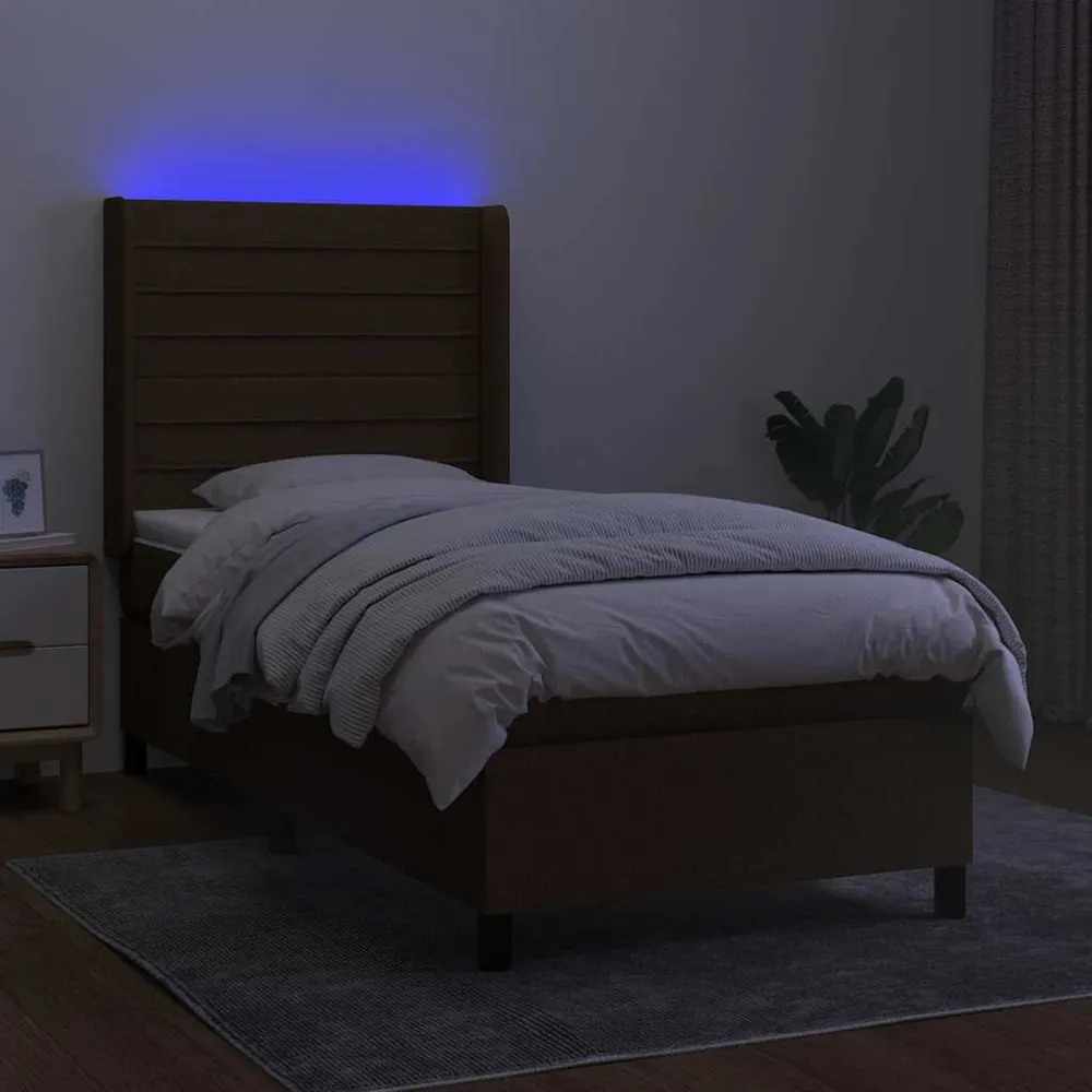 Cama box spring com colchão/LED 90x200 cm tecido castanho-escuro