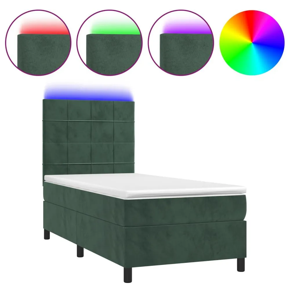 Cama box spring com colchão/LED 90x200 cm veludo verde-escuro