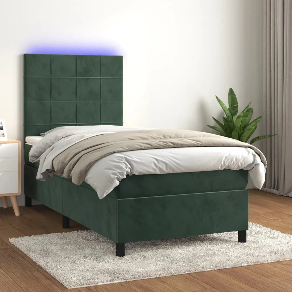 Cama box spring com colchão/LED 90x200 cm veludo verde-escuro