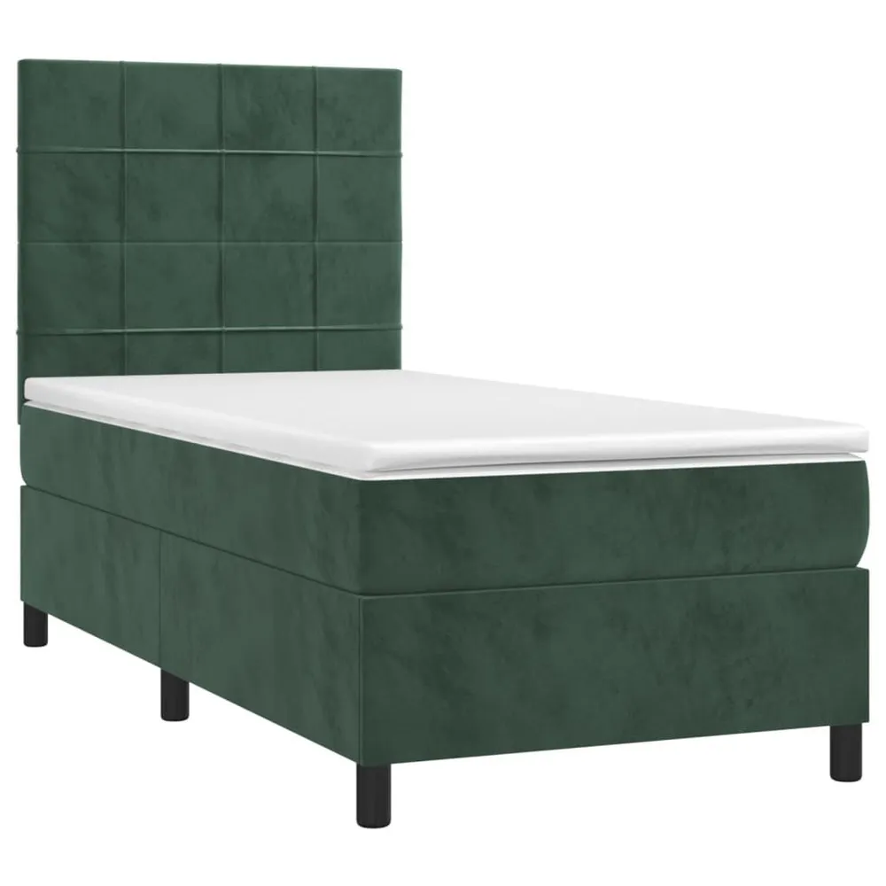 Cama box spring com colchão/LED 90x200 cm veludo verde-escuro
