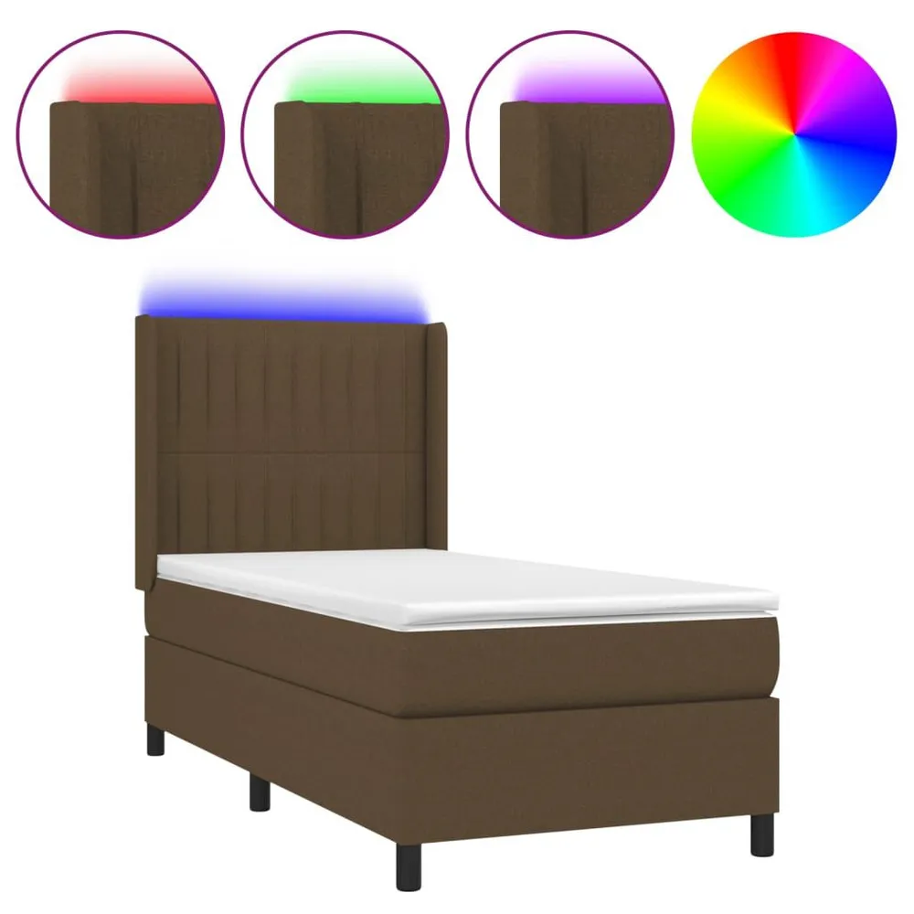 Cama box spring com colchão/LED 90x200 cm tecido castanho-escuro