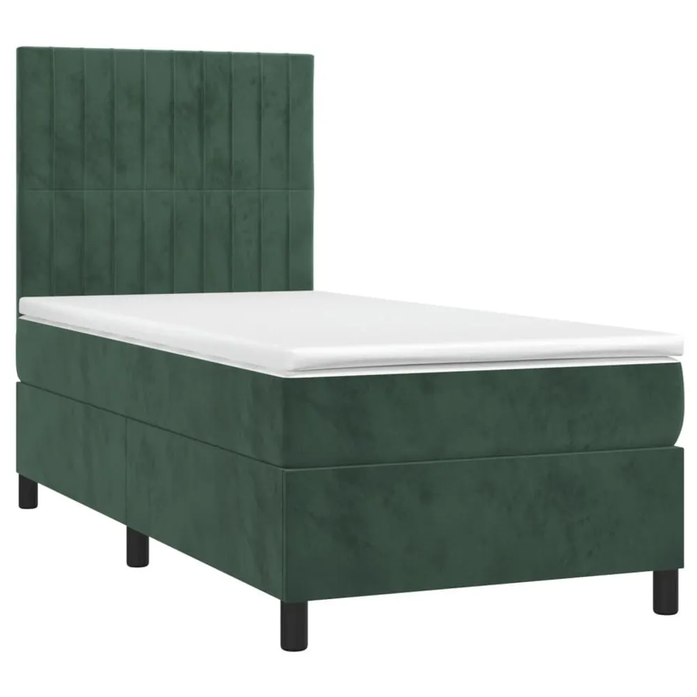 Cama box spring com colchão/LED 90x200 cm veludo verde-escuro