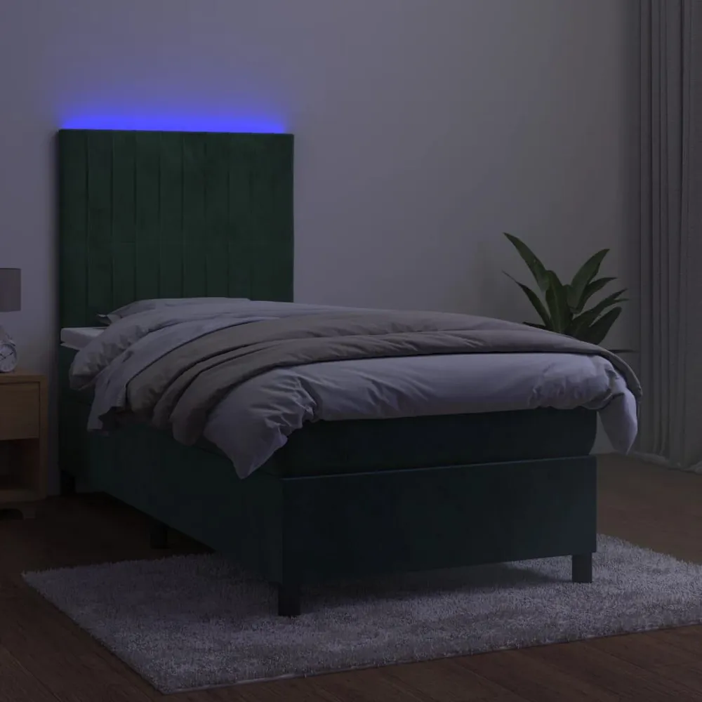 Cama box spring com colchão/LED 90x200 cm veludo verde-escuro