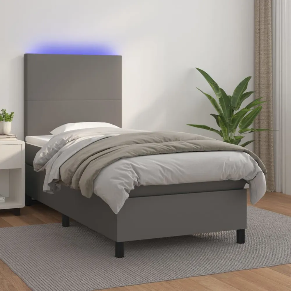 Cama box spring com colchão/LED 90x200 cm couro artificial cinza
