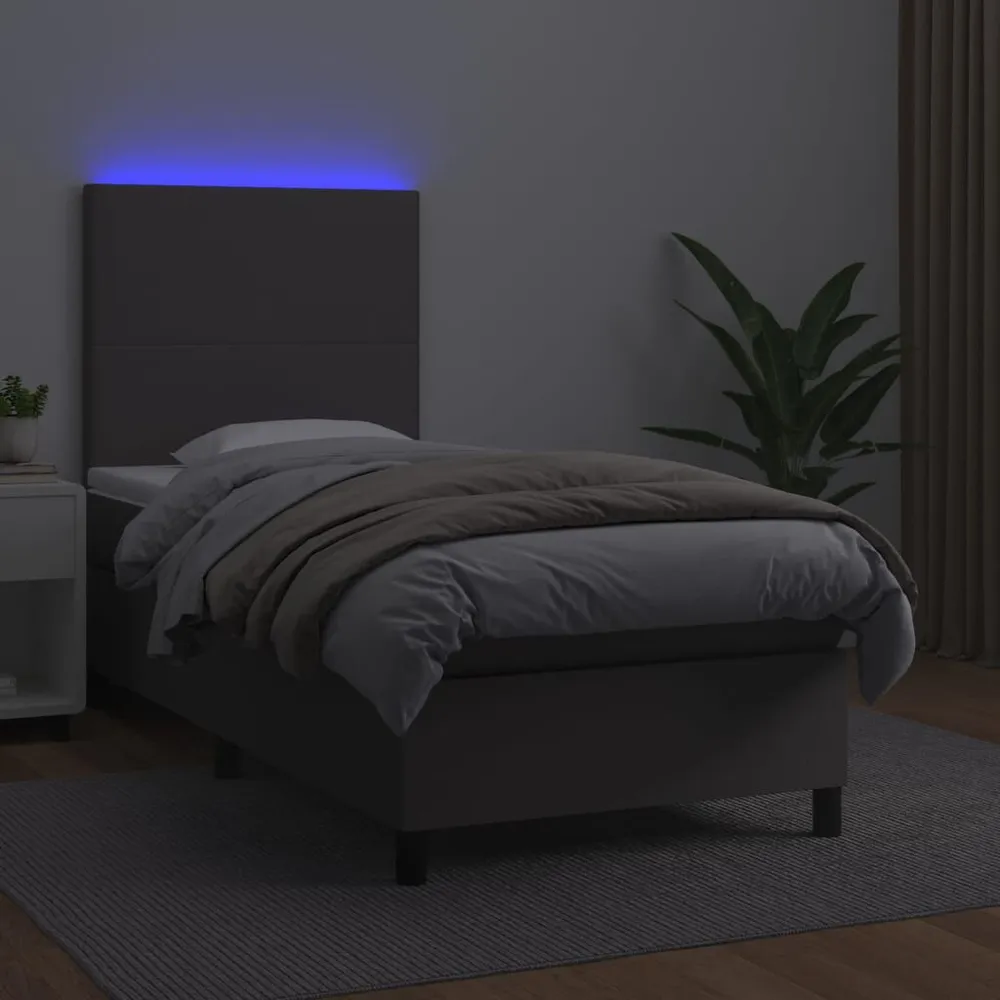 Cama box spring com colchão/LED 90x200 cm couro artificial cinza