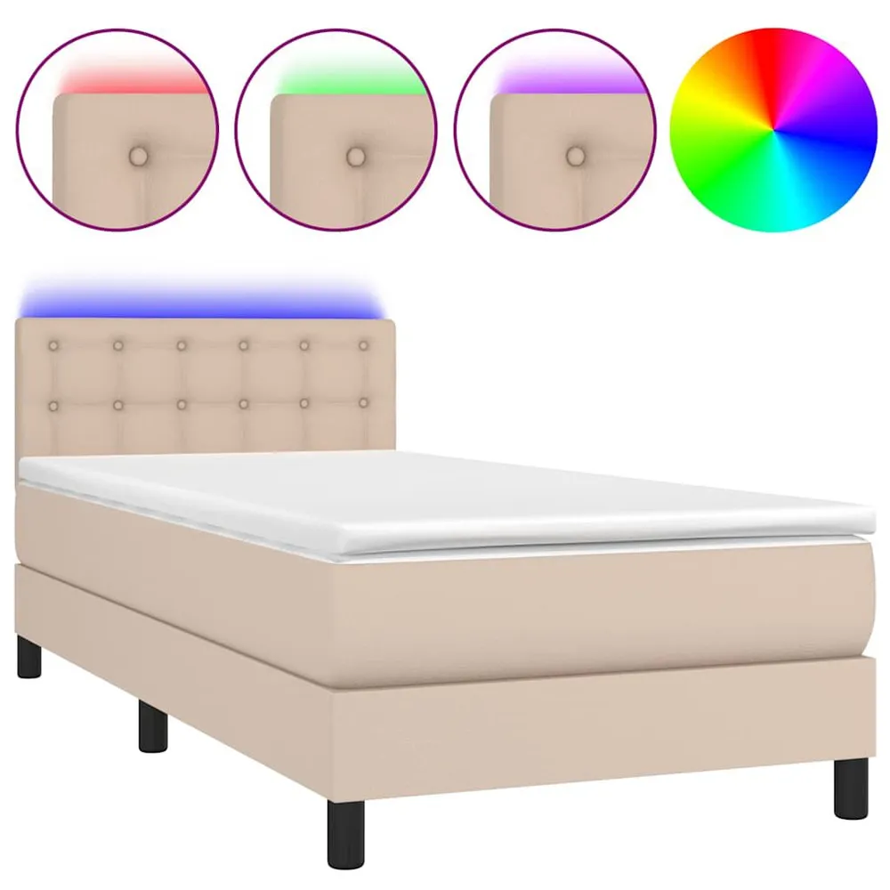 Cama box spring com colchão/LED 90x200cm couro artif. cappuccino